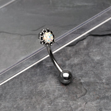 Detail View 1 of Sacred Lotus Multi-Gem Sparkle Curved Barbell Ring-Aurora Borealis